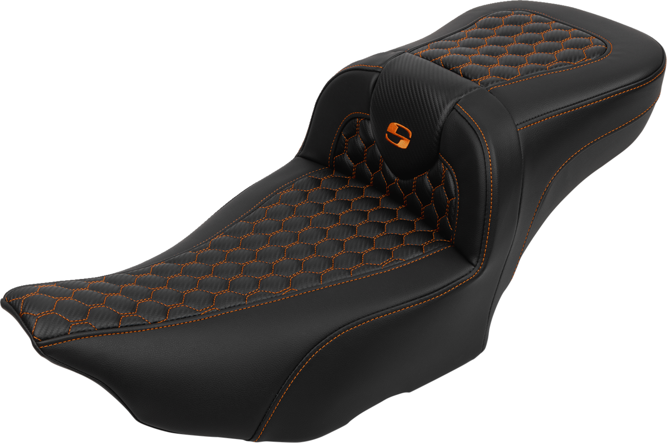 SADDLEMEN Roadsofa™ Extended Reach Seat with Backrest for FLTR/FLHX 2023-2024 – Honeycomb Orange Stitch
