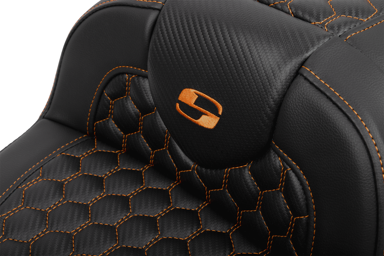 SADDLEMEN Roadsofa™ Extended Reach Seat with Backrest for FLTR/FLHX 2023-2024 – Honeycomb Orange Stitch