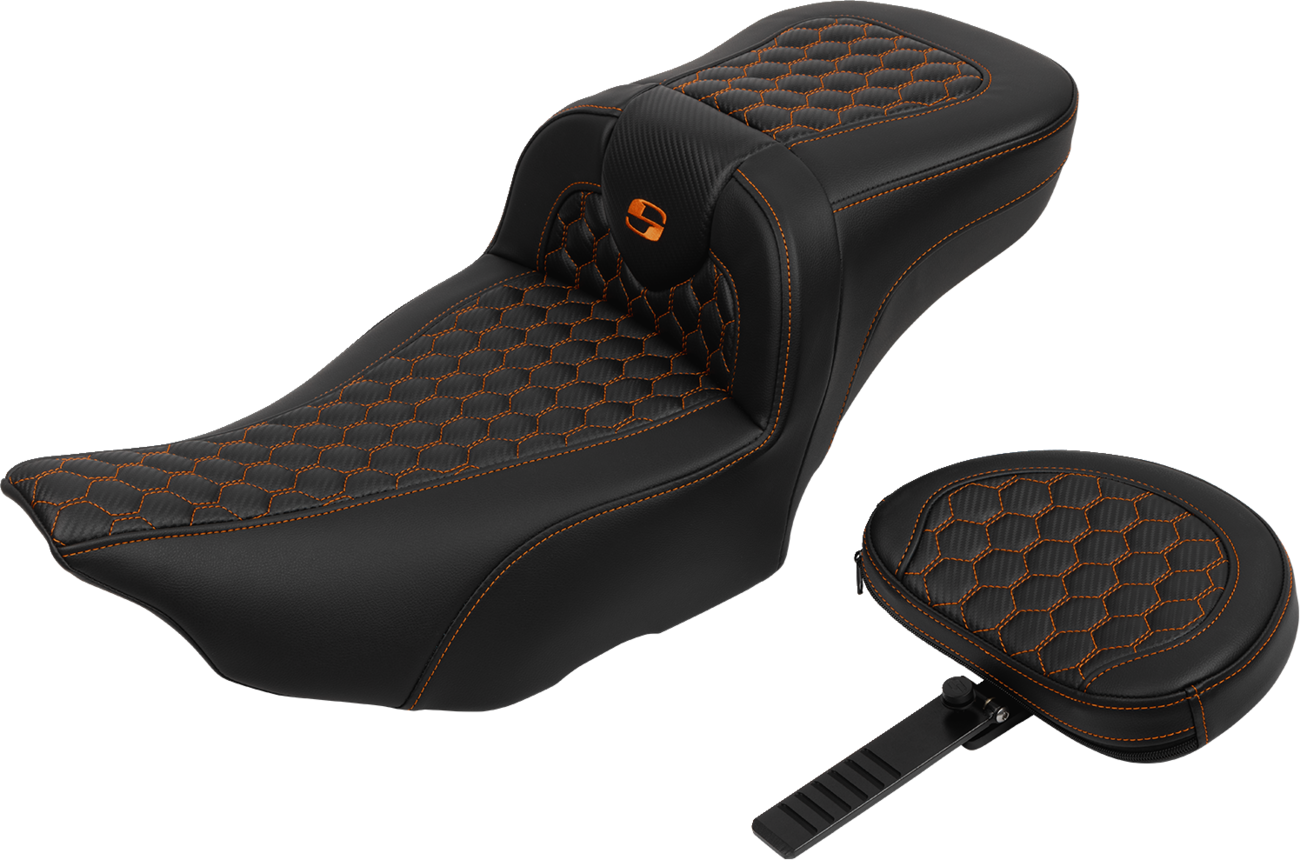 SADDLEMEN Roadsofa™ Extended Reach Seat with Backrest for FLTR/FLHX 2023-2024 – Honeycomb Orange Stitch