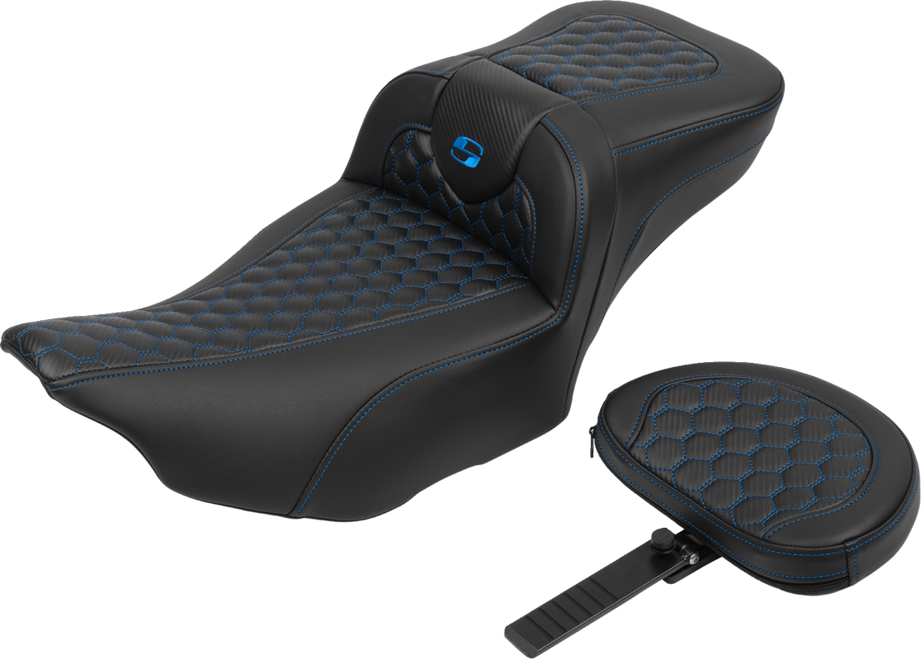 SADDLEMEN Roadsofa™ Extended Reach Seat with Backrest for FLTR/FLHX 2023-2024 – Honeycomb Blue Stitch