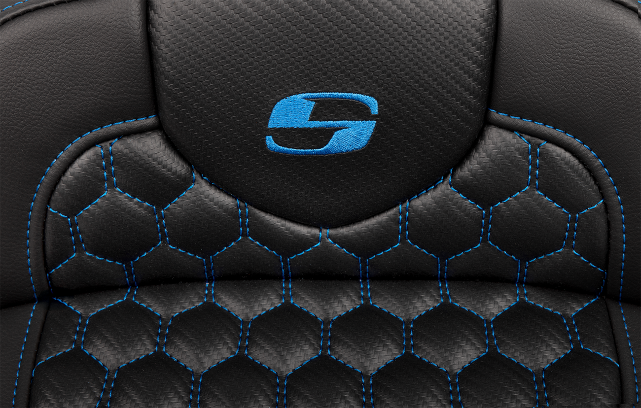 SADDLEMEN Roadsofa™ Extended Reach Seat with Backrest for FLTR/FLHX 2023-2024 – Honeycomb Blue Stitch