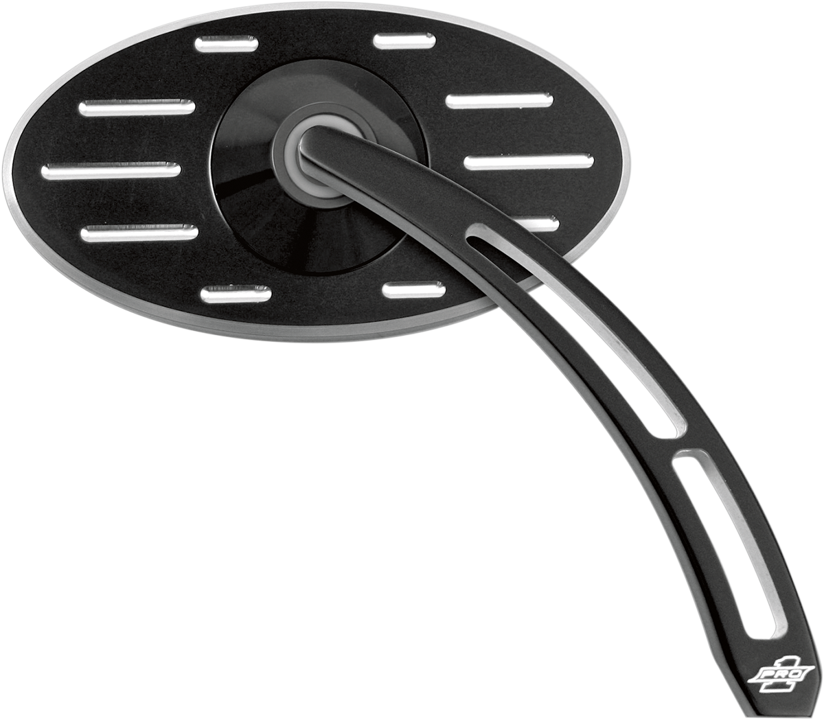 PRO-ONE PERF.MFG. Pro Street Side View Mirror - Black Oval Cut-Out with Ball Milled Finish - Right Side 102640B