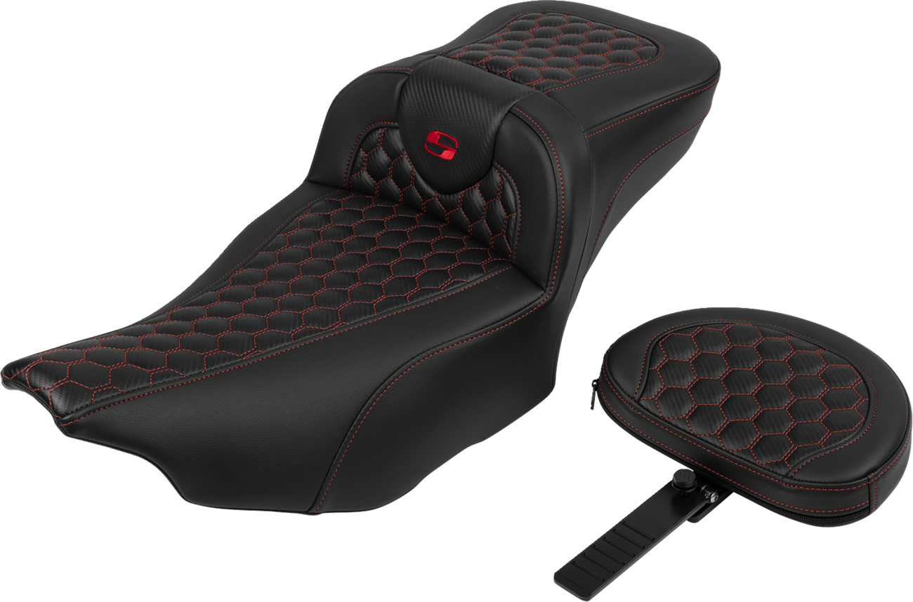 SADDLEMEN Roadsofa™ Extended Reach Seat with Backrest for FLTR/FLHX 2023-2024 - Honeycomb Red Stitch