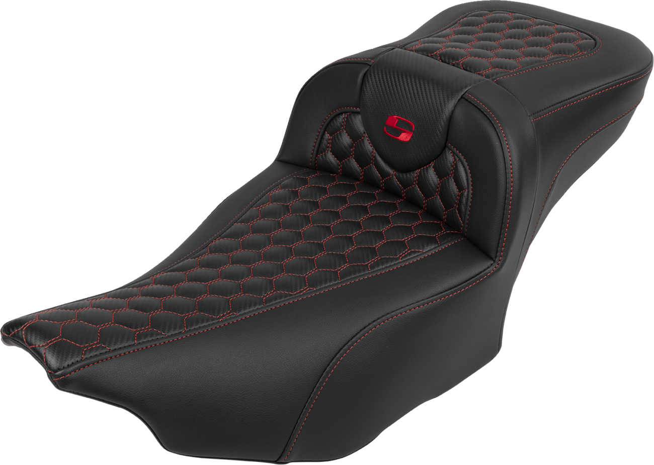 SADDLEMEN Roadsofa™ Extended Reach Seat with Backrest for FLTR/FLHX 2023-2024 - Honeycomb Red Stitch