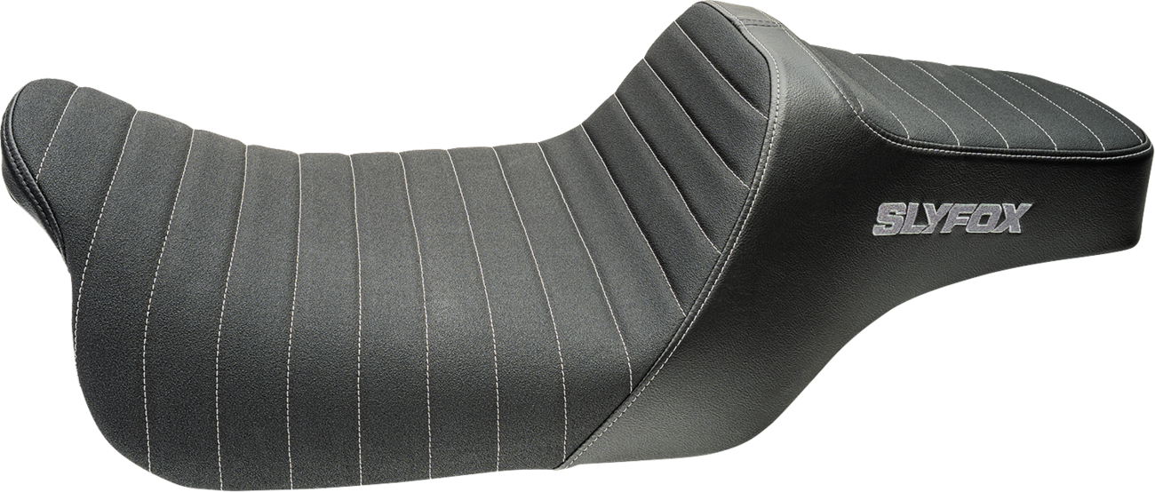SLYFOX Highnoon Seat Vinyl with Classic Stitch and Silver Logo for FLH/FLT 2008-2024 – Part Number 4710B-SlyFox