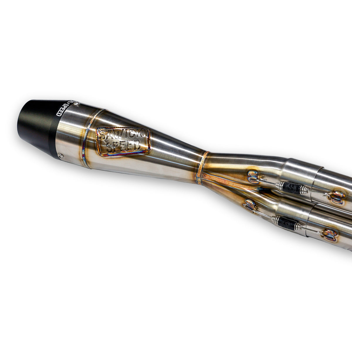 Sawicki Speed 930-02620 M8 Softail Shorty Exhaust with Brushed Stainless Steel and Black End Cap