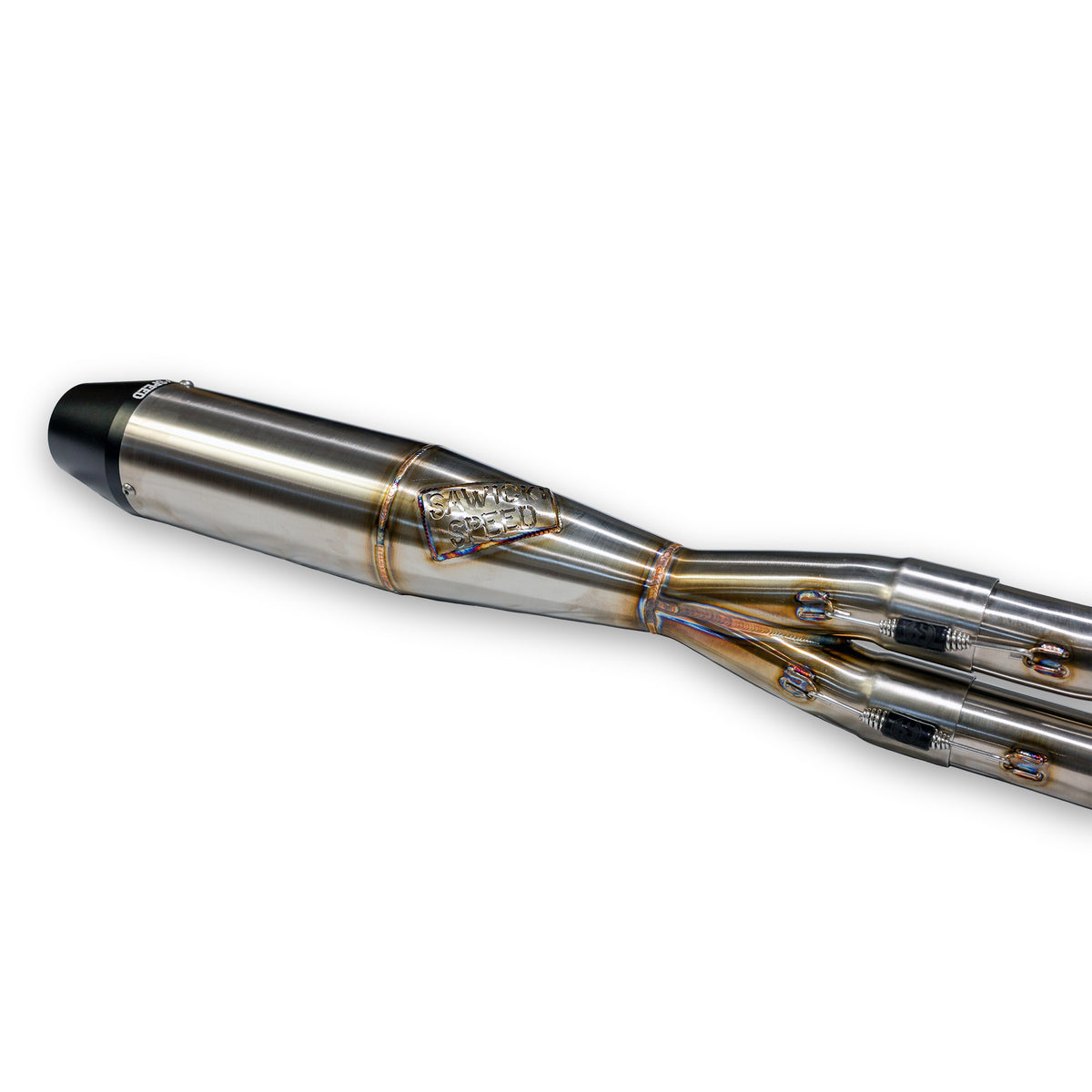 Sawicki 930-02604 M8 Flat Mid-Length Exhaust with Brushed Stainless Steel Finish and Black End Cap