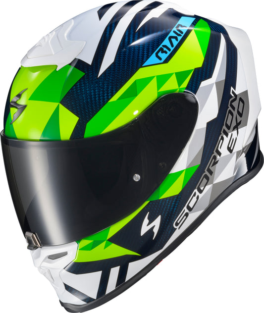 Scorpion EXO R1 Air Carbon Rastor White/Green/Blue Full Face Helmet - Race-Ready Motorcycle Helmet with Advanced Ventilation and Safety Features