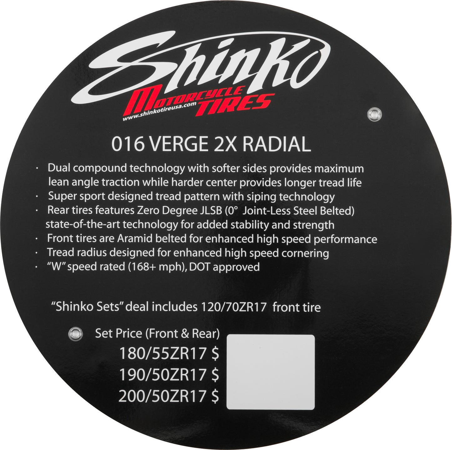Shinko Verge 2X Tire Sign with Customizable Pricing | SHINKO Part #VERGE 2X INSERT