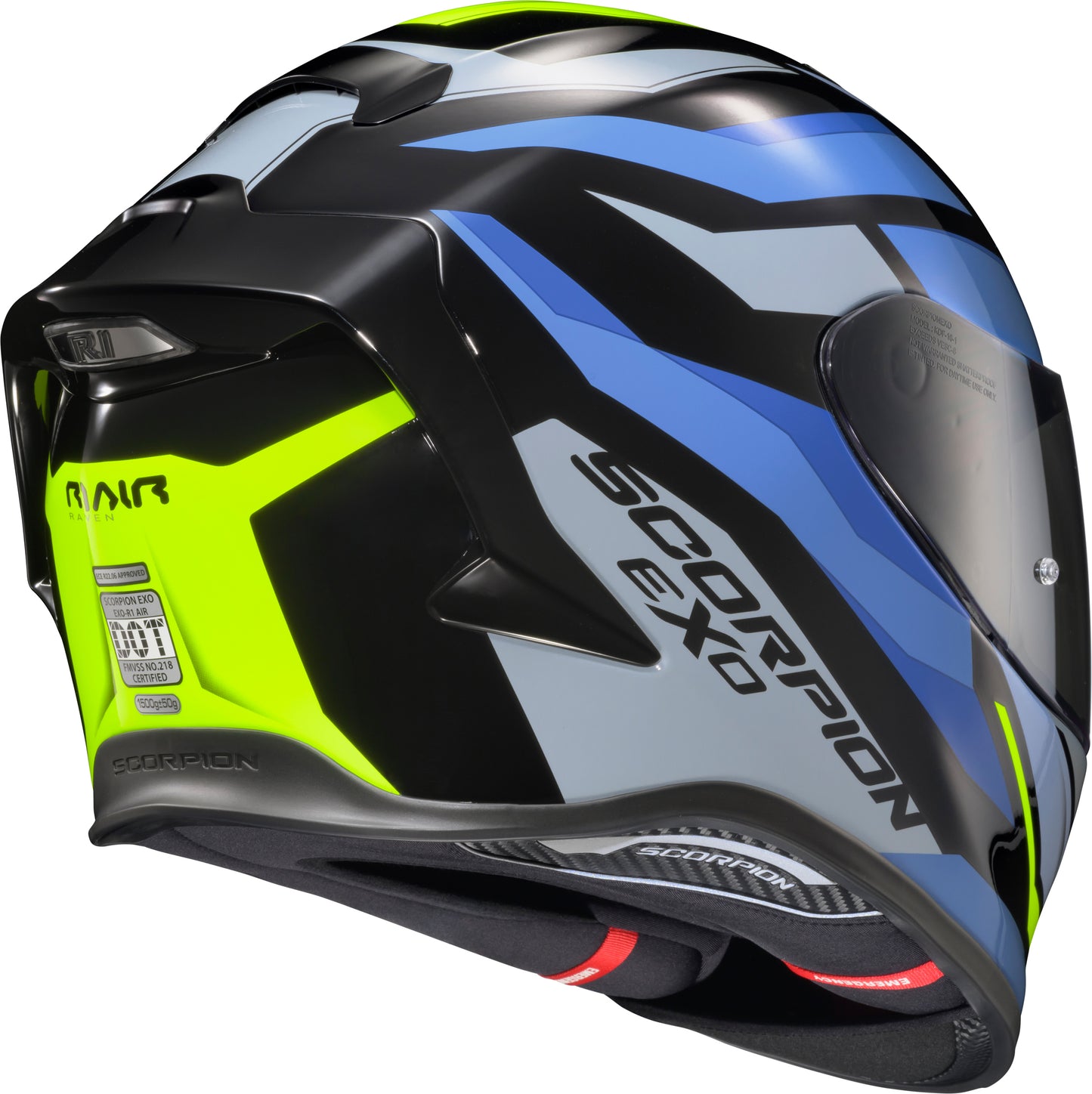 SCORPION EXO R1 Air Full Face Helmet Raven Black/Blue/Hi Viz Medium