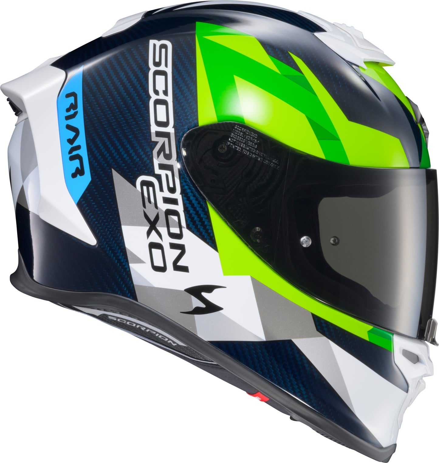Scorpion EXO R1 Air Carbon Rastor White/Green/Blue Full Face Helmet - Race-Ready Motorcycle Helmet with Advanced Ventilation and Safety Features