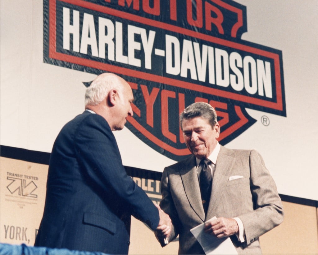 harley-davidson vaughn beals shakes hands with ronald reagan