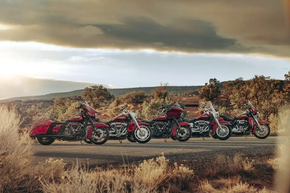 2023 harley-davidson anniversary motorcycles parked in desert